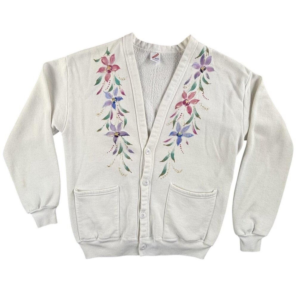 Vintage Jerzees Cardigan Sweater Womens One Size White Floral Pockets USA Made